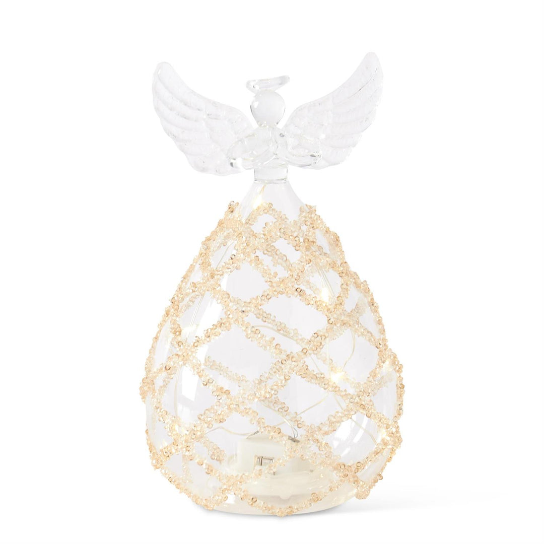 K & K Interiors Clear Glass LED Angel w/Lattice Gold Beads - 6.5"