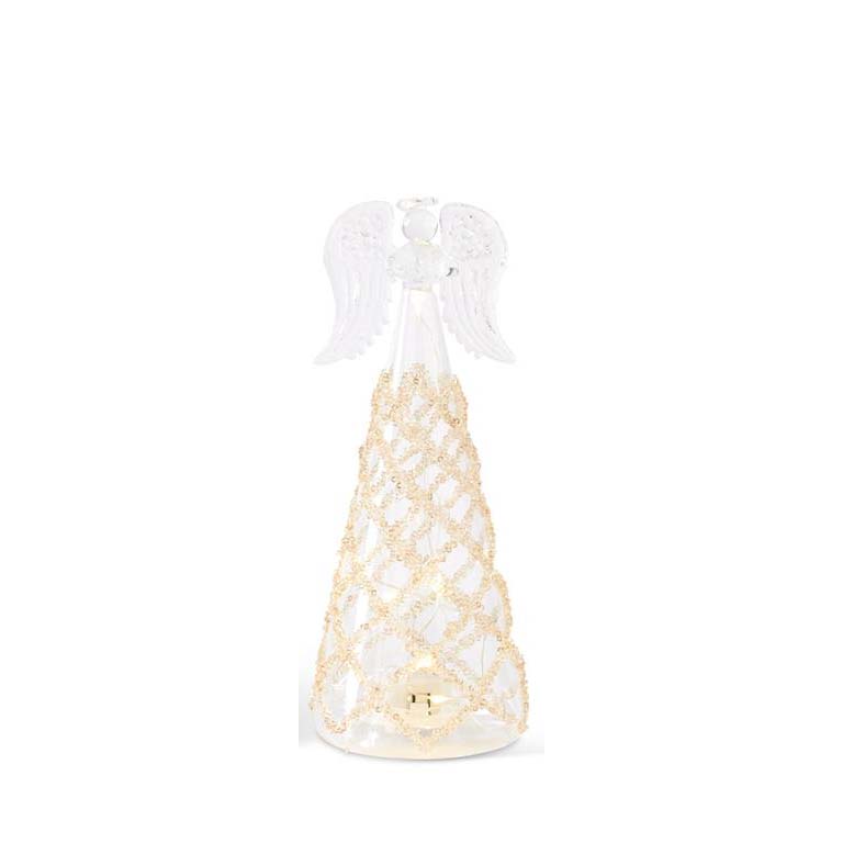 K & K Interiors Clear Glass LED Angel w/Lattice Gold Beads - 8"