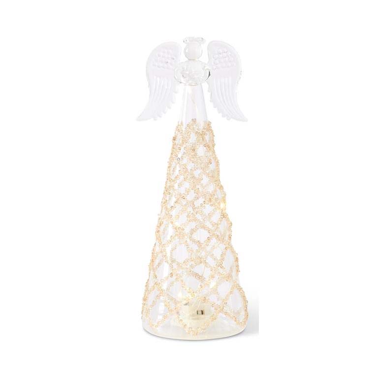 K & K Interiors Clear Glass LED Angel w/Lattice Gold Beads - 9.5"