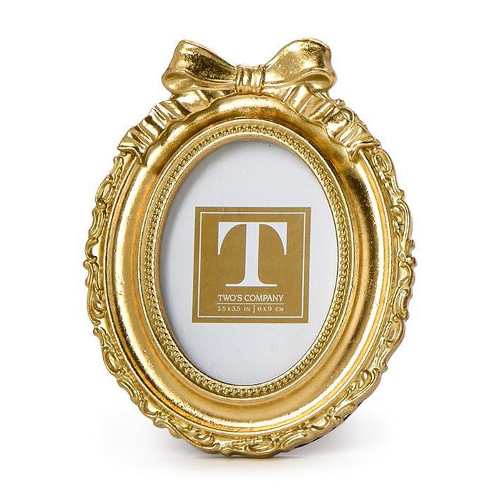Two's Company Vintage Gold Mini Photo Frame w/Accent Bow - Oval 4 1/4" W x 5 1/4" L