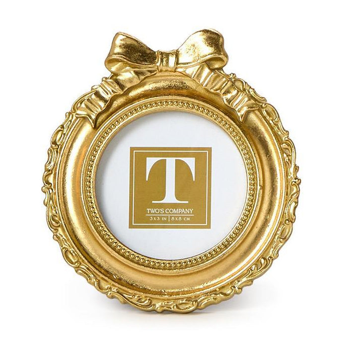 Two's Company Vintage Gold Mini Photo Frame w/Accent Bow - Round 4 1/2" W x 5" L