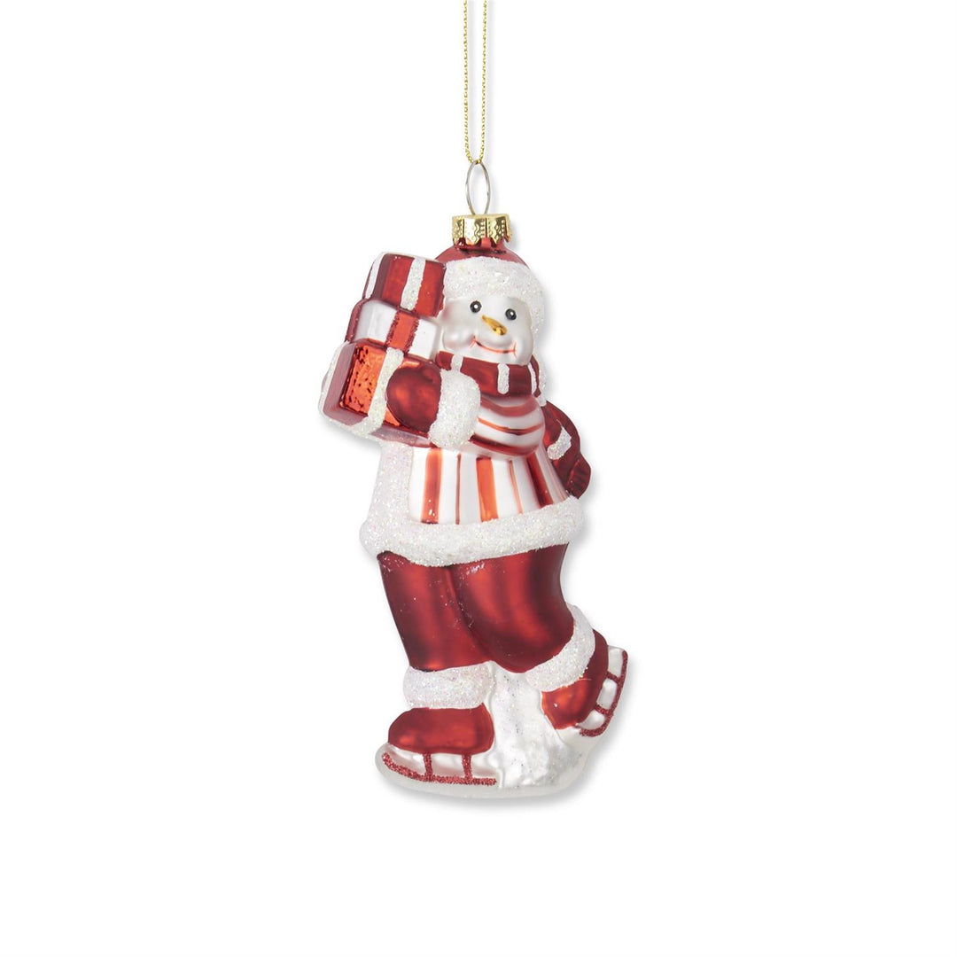 K & K Interiors Ornament -  Red & White Glittered Blown Glass Snowman