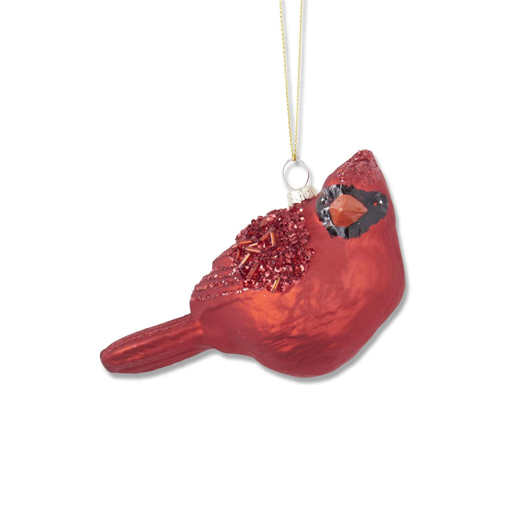 K & K Interiors Ornament -  Red Glittered & Beaded Blown Glass Cardinal