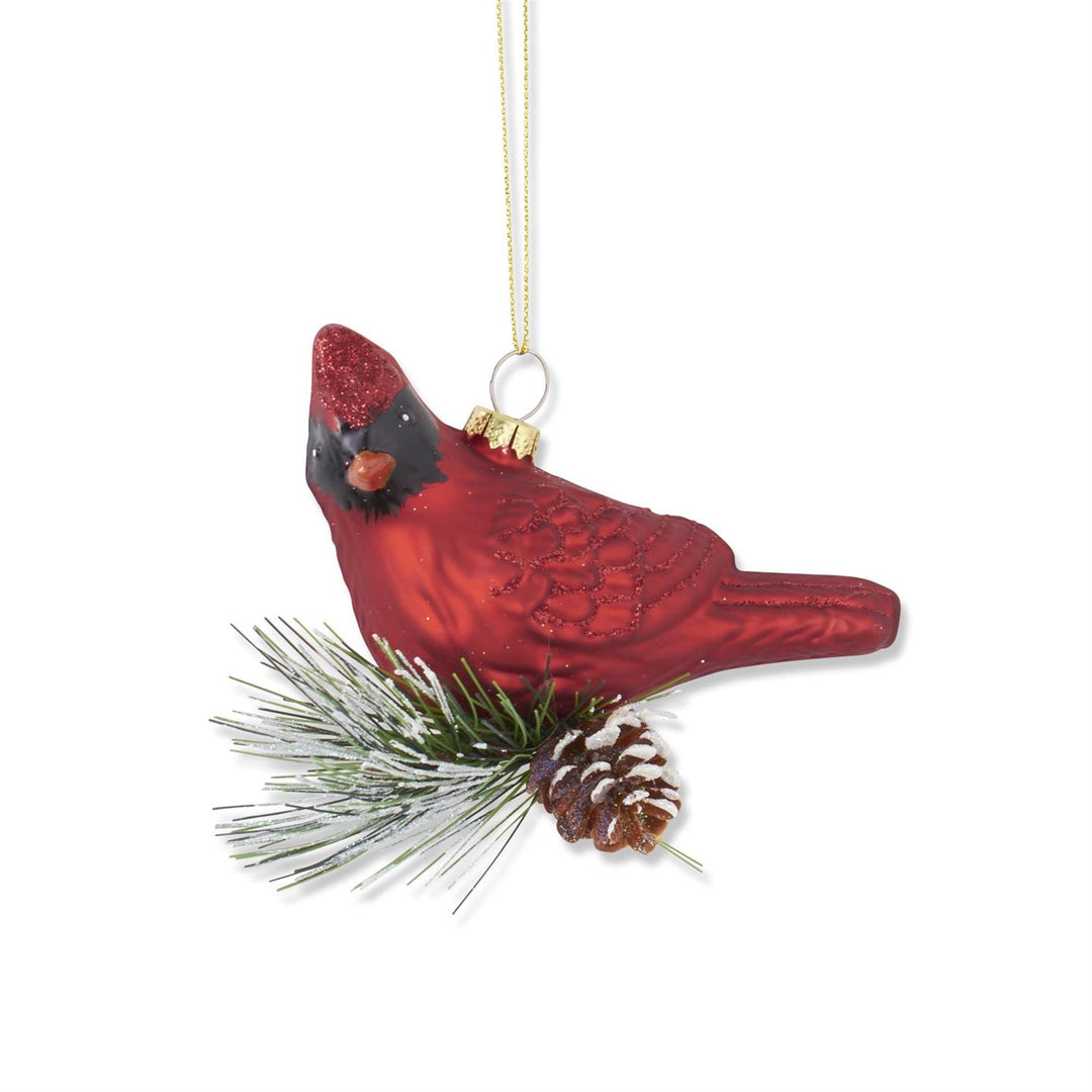 K & K Interiors Ornament -  Red Glittered Blown Glass Cardinal w/Pine