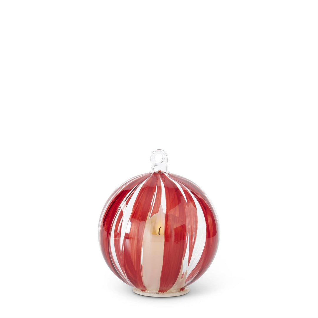 K & K Interiors LED Hand Painted Red Stripe on Clear Glass Ornament w/Timer - 4"