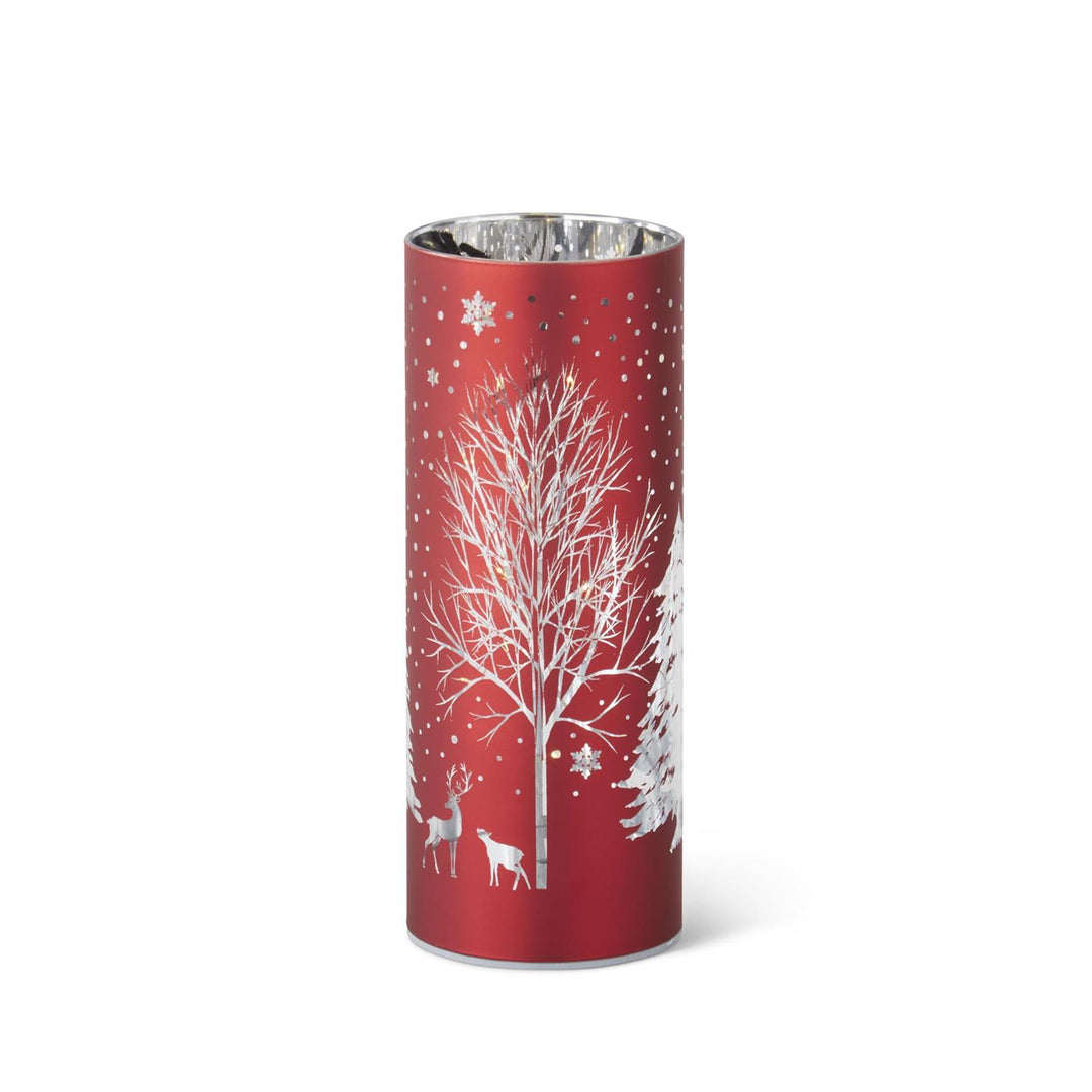 K & K Interiors Red Laser Engraved Winter Scene LED Cylinder - 8"