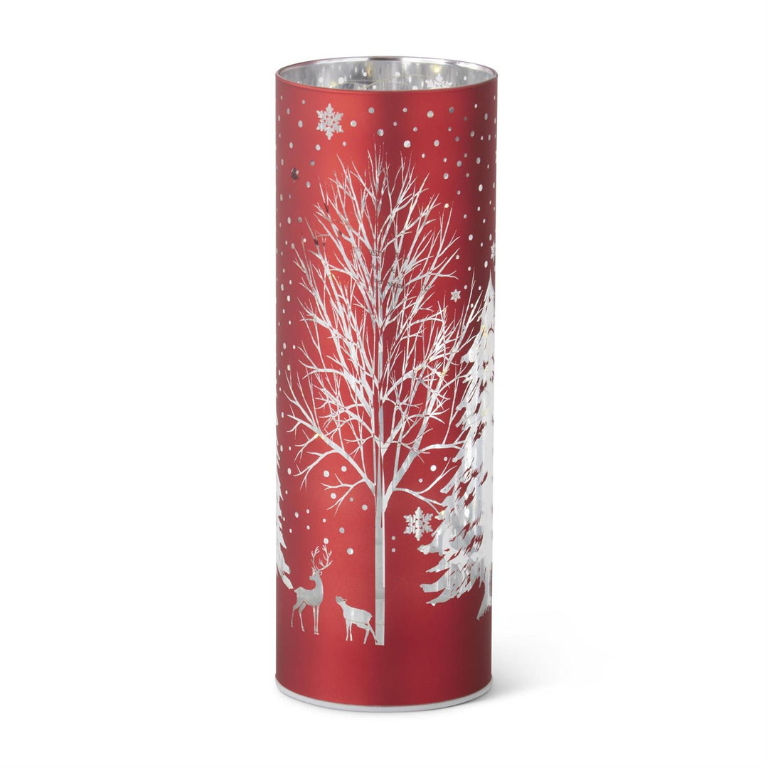 K & K Interiors Red Laser Engraved Winter Scene LED Cylinder - 10"