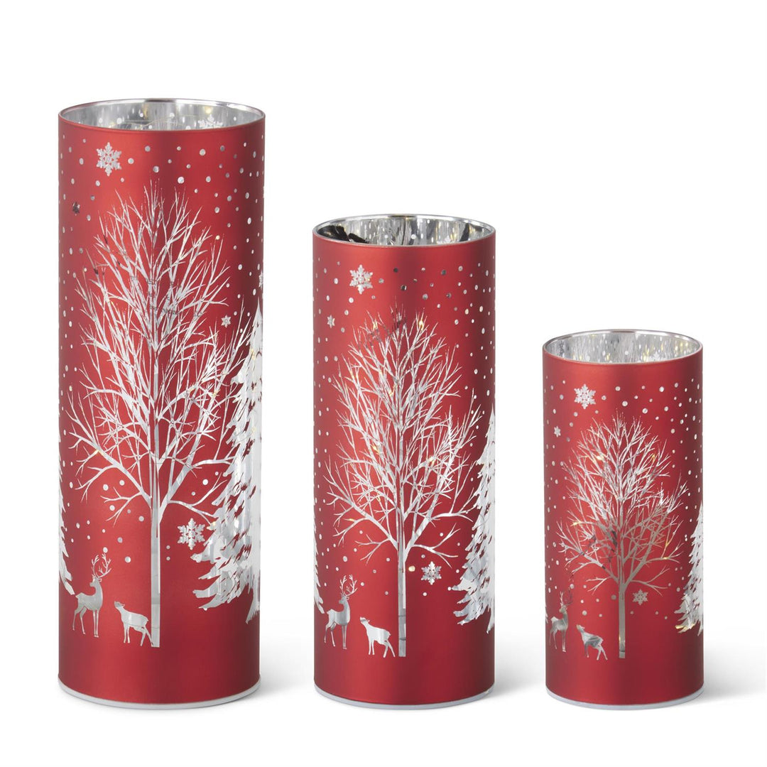 K & K Interiors Red Laser Engraved Winter Scene LED Cylinder - 6"