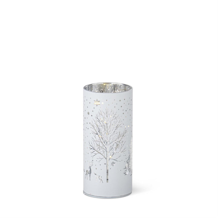 K & K Interiors White Laser Engraved Winter Scene LED Cylinder - 6"