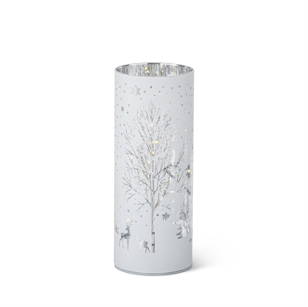 K & K Interiors White Laser Engraved Winter Scene LED Cylinder - 8"