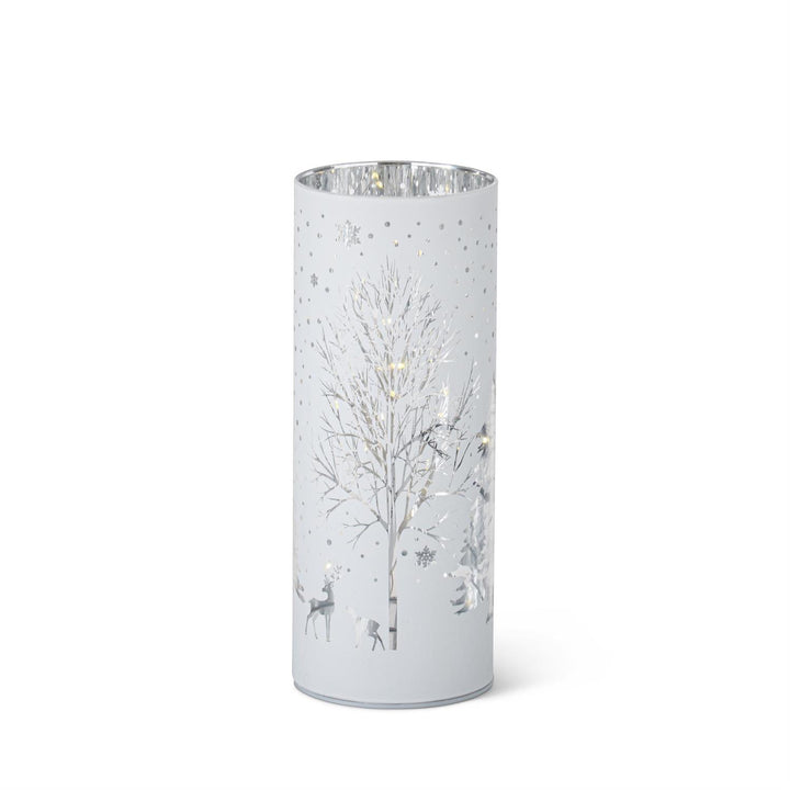 K & K Interiors White Laser Engraved Winter Scene LED Cylinder - 8"