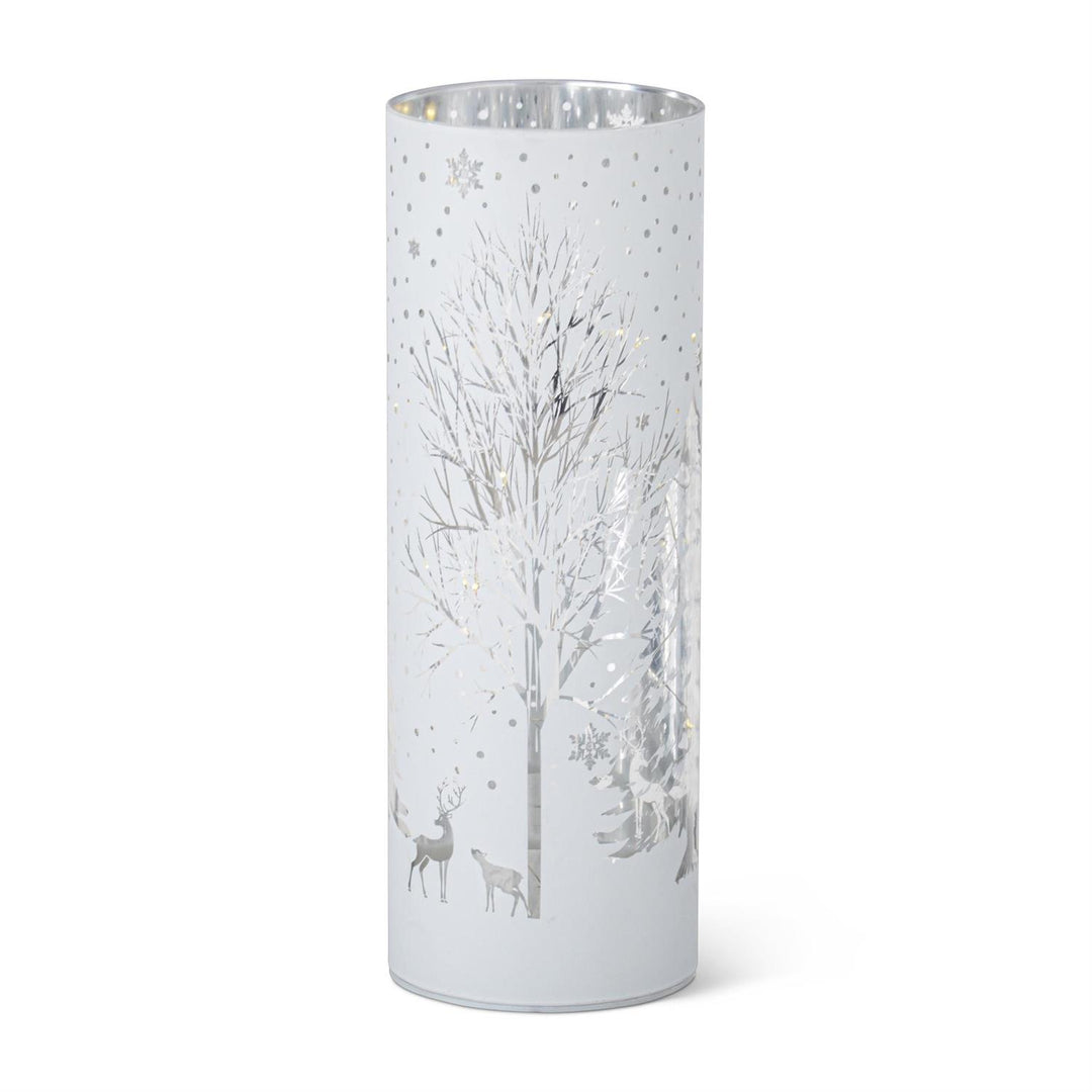 K & K Interiors White Laser Engraved Winter Scene LED Cylinder - 10"