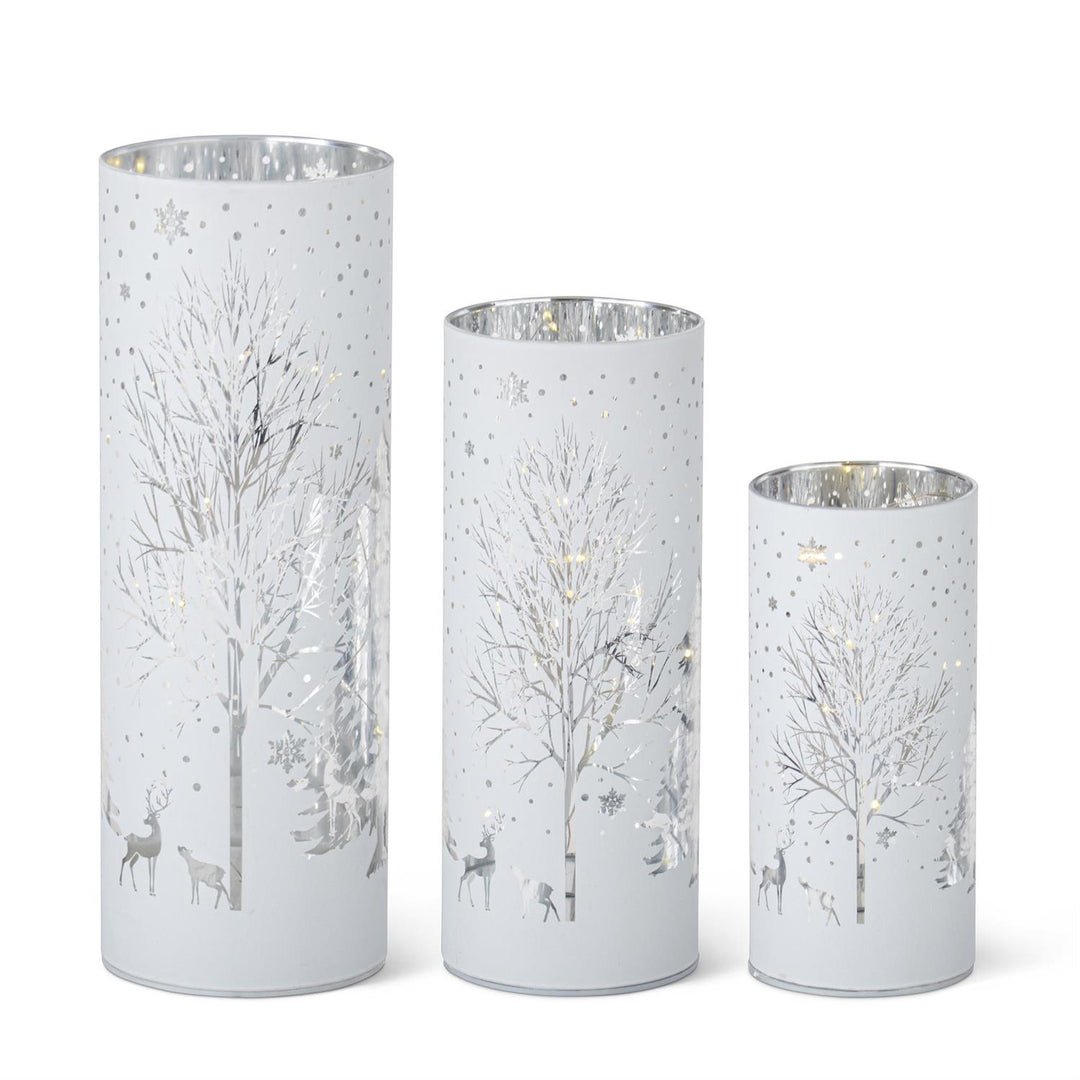 K & K Interiors White Laser Engraved Winter Scene LED Cylinder - 6"