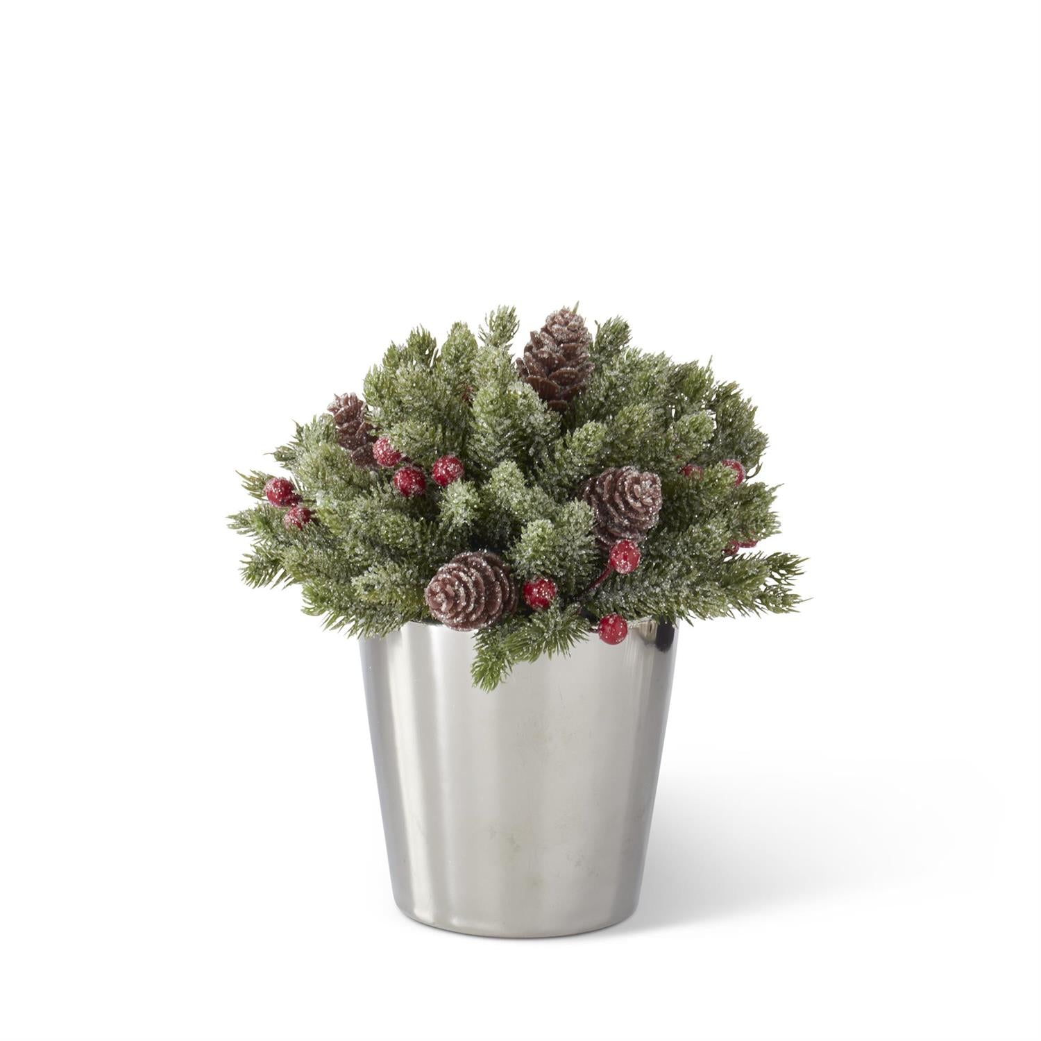 K & K Interiors Glittered Pine Ball in Silver Ceramic Pot - 7