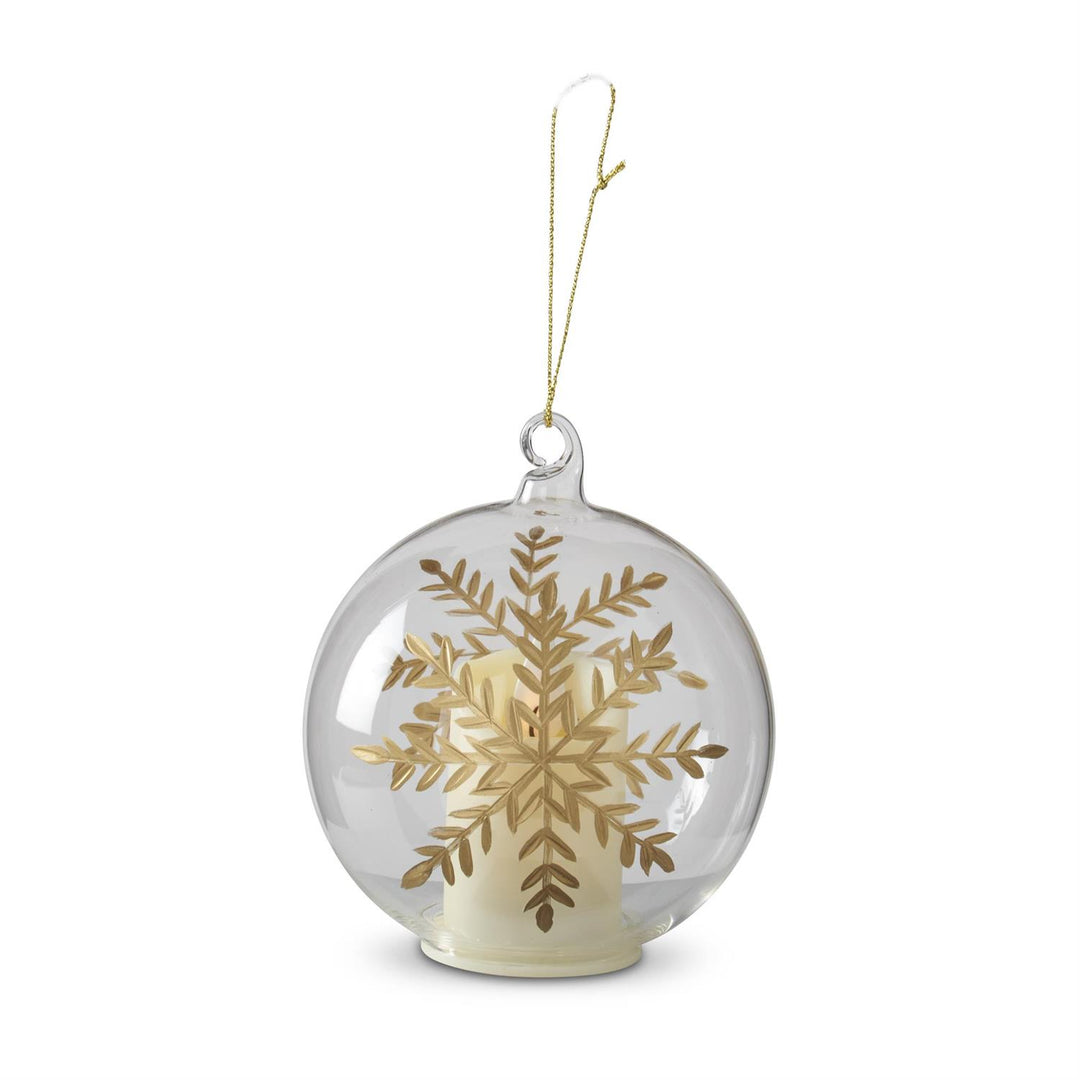 K & K Interiors LED Clear Glass Gold Gilded Etched Snowflake Ornament w/Timer - 4"