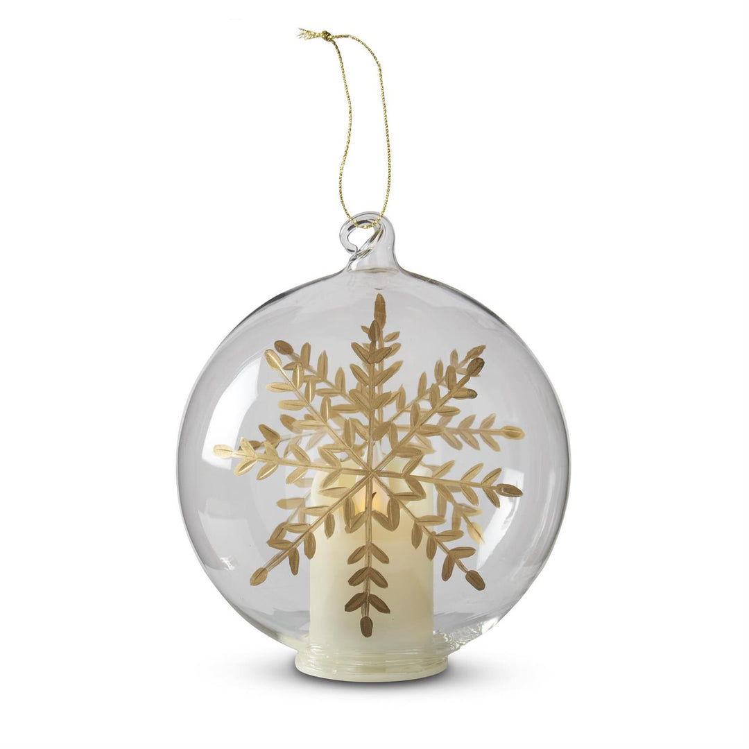 K & K Interiors LED Clear Glass Gold Gilded Etched Snowflake Ornament w/Timer - 4.75"