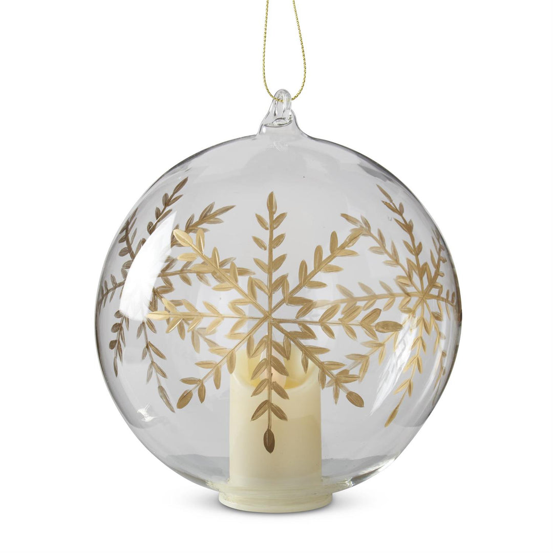 K & K Interiors LED Clear Glass Gold Gilded Etched Snowflake Ornament w/Timer - 6"