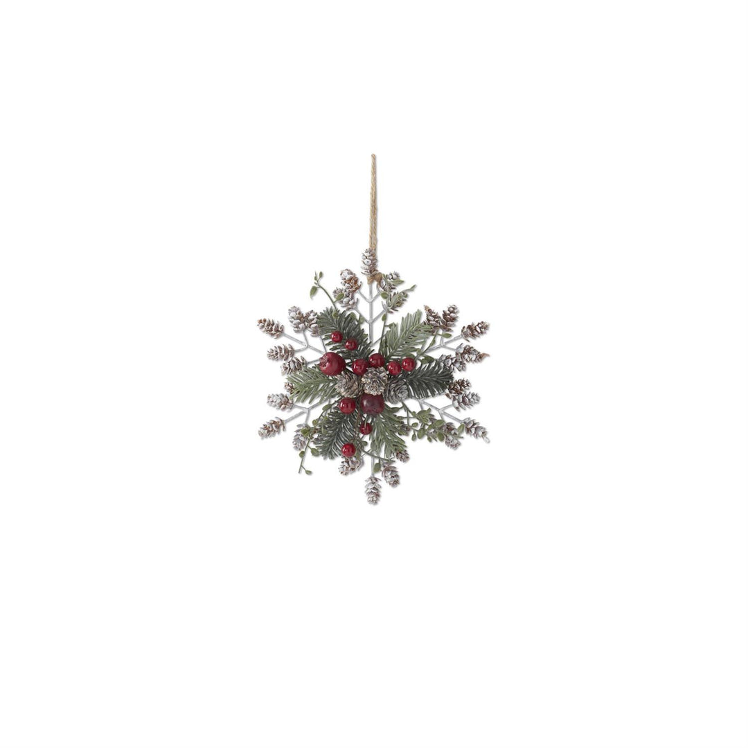 K & K Interiors White Metal Snowflake w/Pine Whitewashed Pinecones & Red - 9.5"