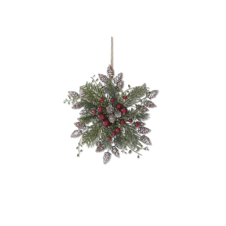 K & K Interiors White Metal Snowflake w/Pine Whitewashed Pinecones & Red - 12"