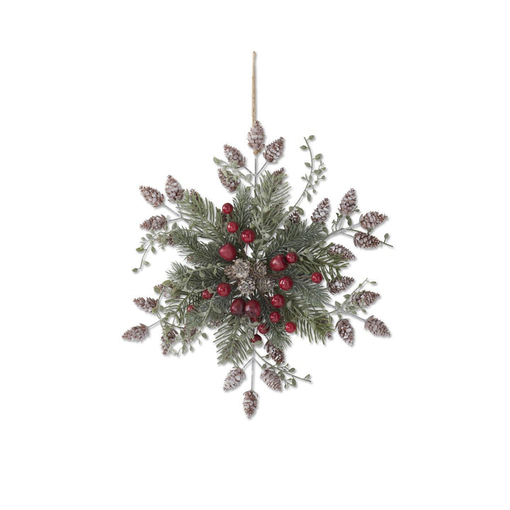 K & K Interiors White Metal Snowflake w/Pine Whitewashed Pinecones & Red - 15.5"