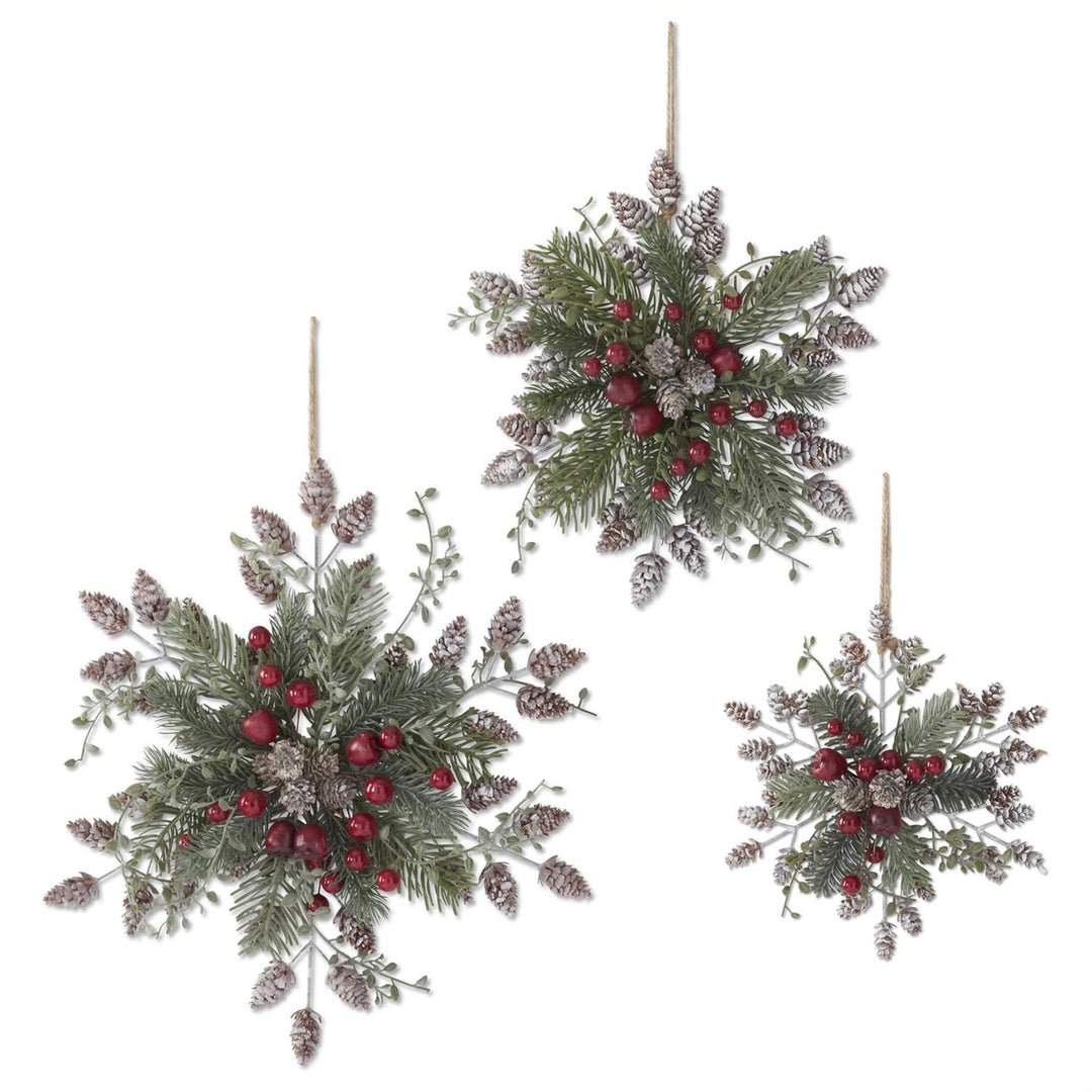 K & K Interiors White Metal Snowflake w/Pine Whitewashed Pinecones & Red - 12"