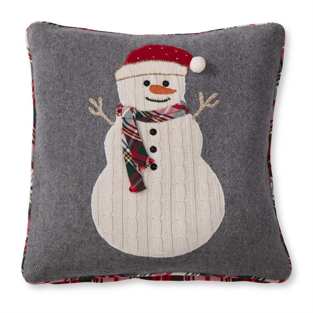 K & K Interiors Grey Wool & Cotton Pillow w/Knit Snowman & Tartan Scarf - 20"