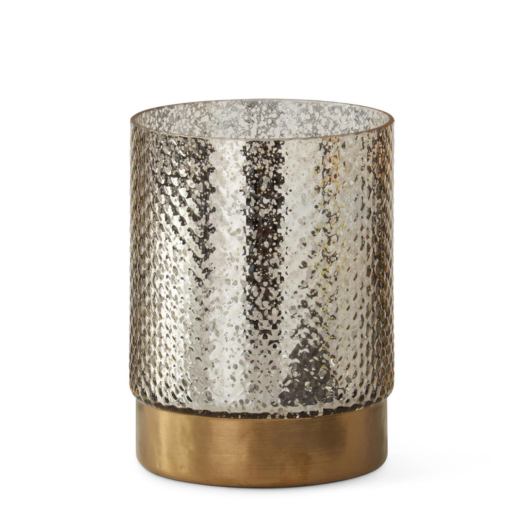 K & K Interiors Silver Dot Glass Candleholder w/Antique Brass Band Bottom - 7.25"