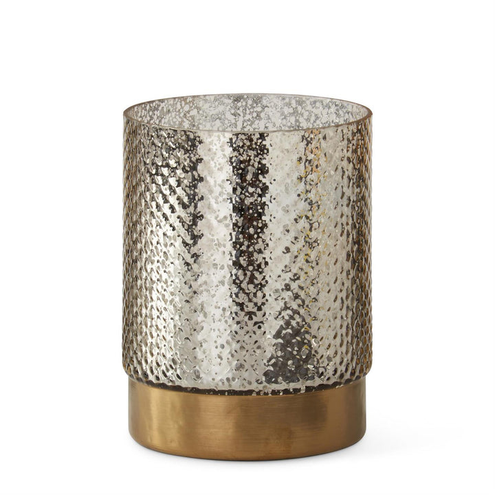 K & K Interiors Silver Dot Glass Candleholder w/Antique Brass Band Bottom - 7.25"