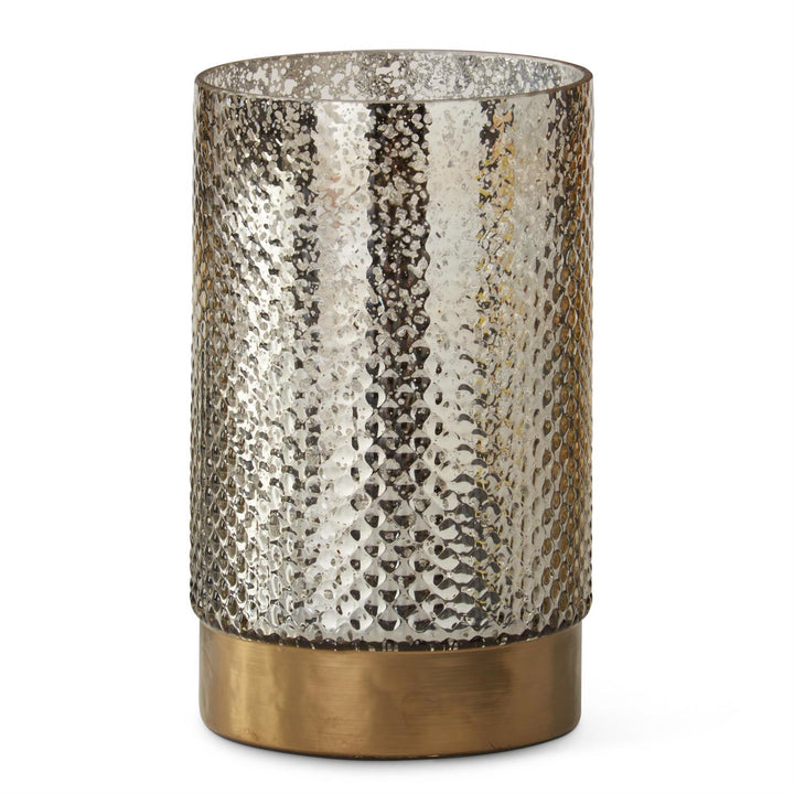 K & K Interiors Silver Dot Glass Candleholder w/Antique Brass Band Bottom - 9.25"