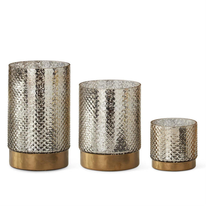 K & K Interiors Silver Dot Glass Candleholder w/Antique Brass Band Bottom - 9.25"