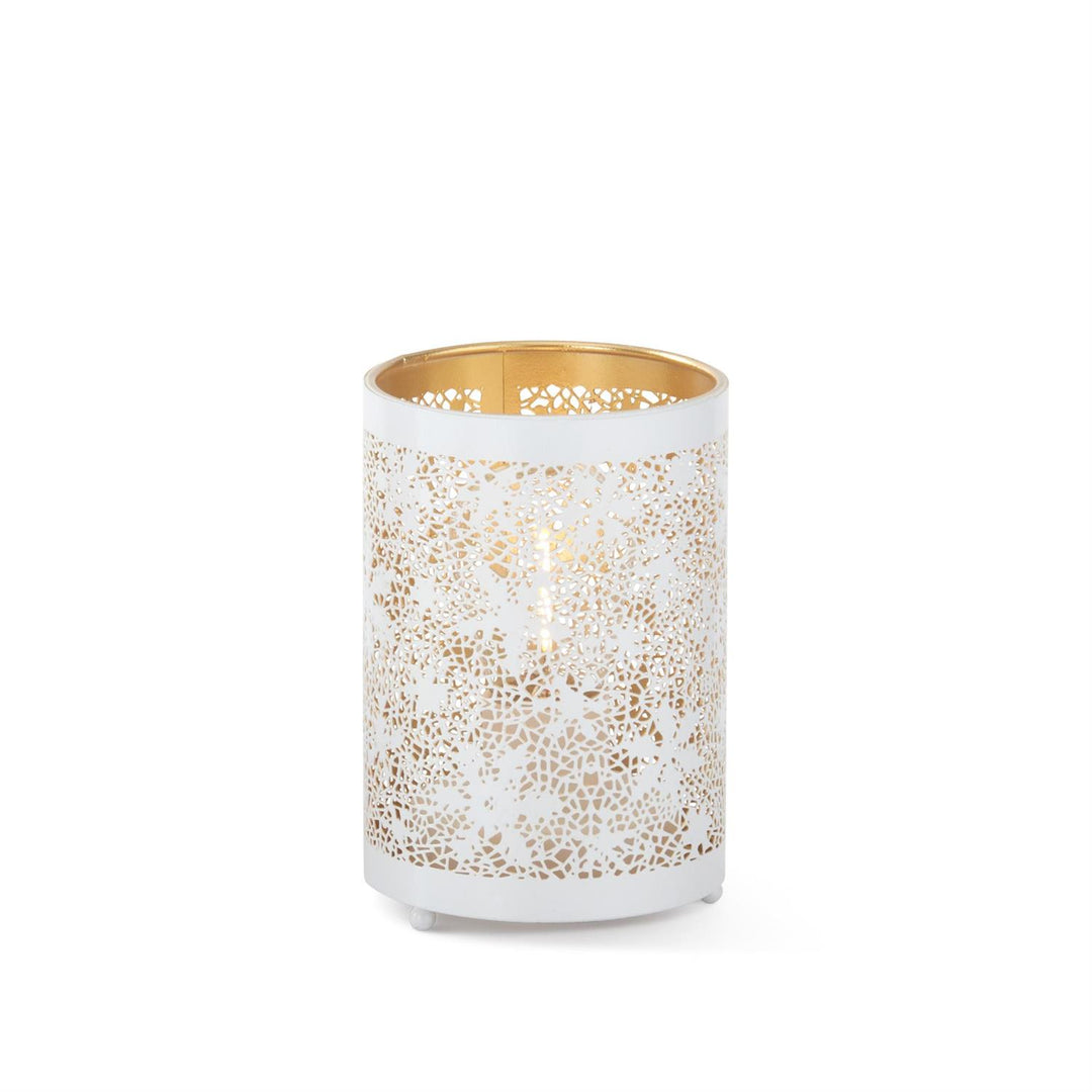 K & K Interiors White Metal Snowflake Cutout LED Cylinder Lantern w/Time - 5"