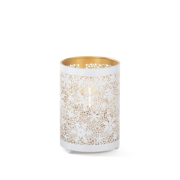 K & K Interiors White Metal Snowflake Cutout LED Cylinder Lantern w/Time - 5"