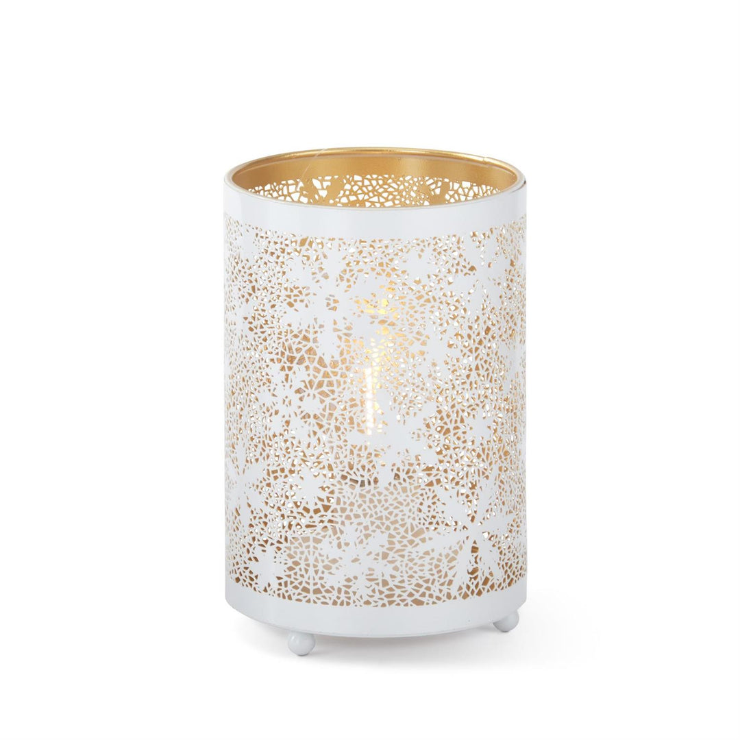 K & K Interiors White Metal Snowflake Cutout LED Cylinder Lantern w/Time - 6.25"