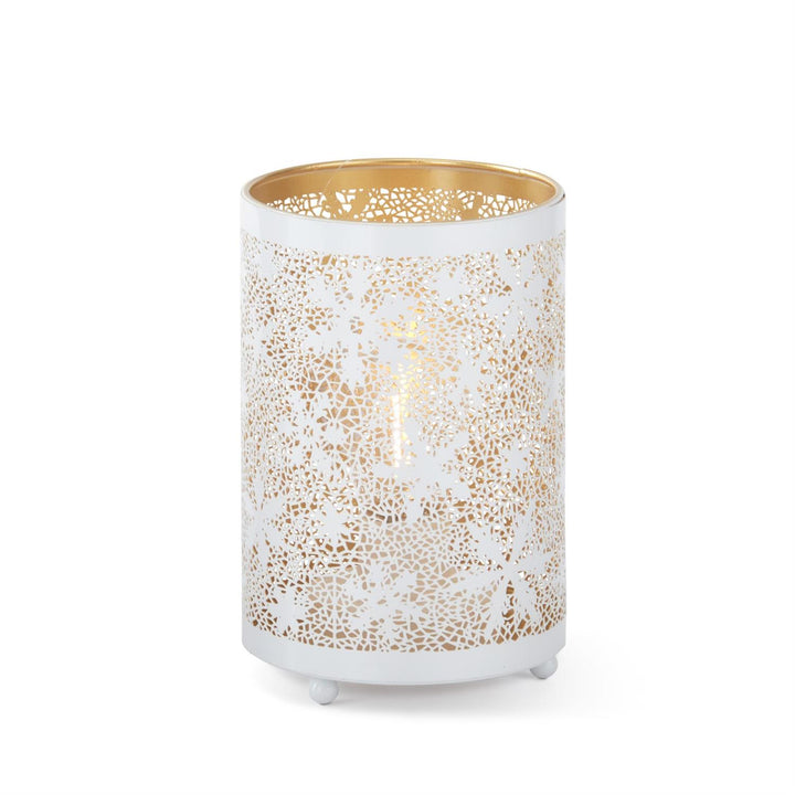 K & K Interiors White Metal Snowflake Cutout LED Cylinder Lantern w/Time - 6.25"