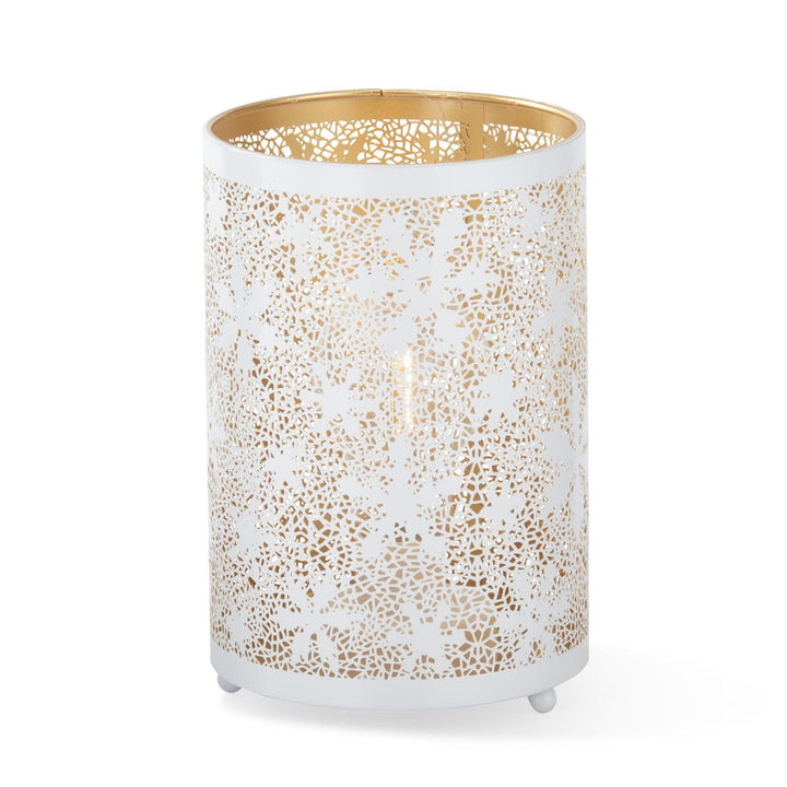 K & K Interiors White Metal Snowflake Cutout LED Cylinder Lantern w/Time - 7.5"