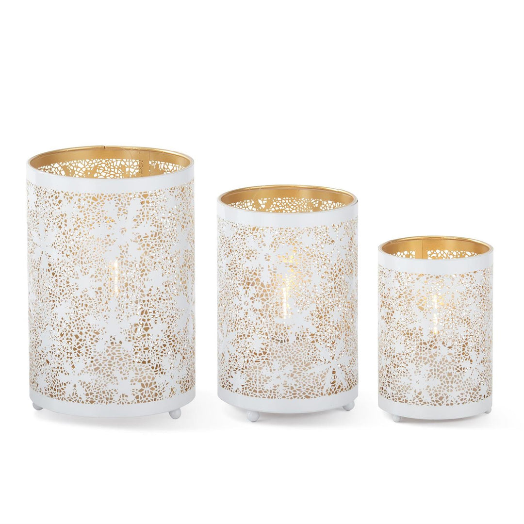 K & K Interiors White Metal Snowflake Cutout LED Cylinder Lantern w/Time - 6.25"