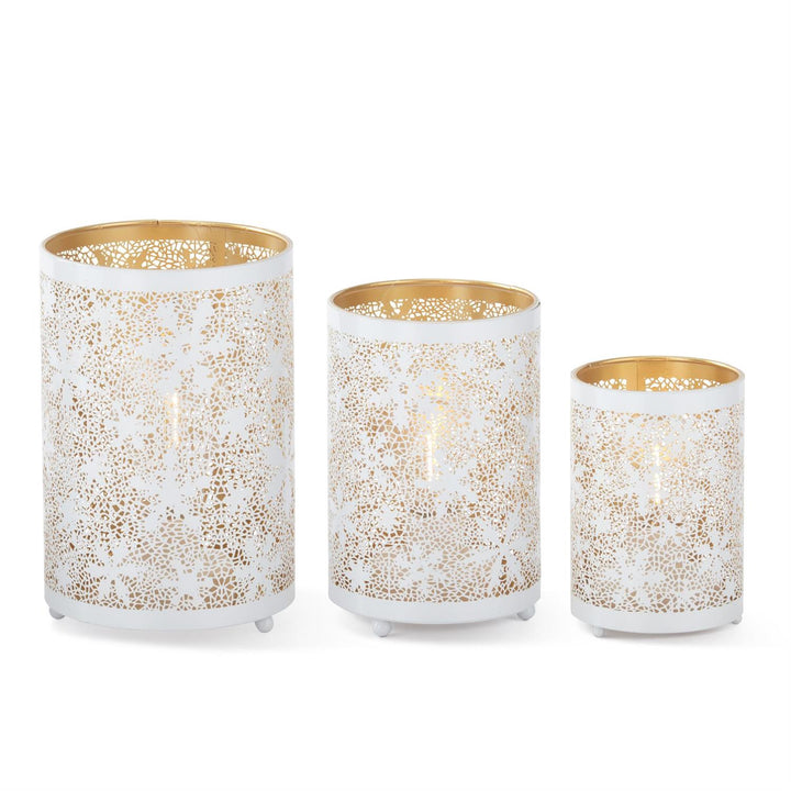 K & K Interiors White Metal Snowflake Cutout LED Cylinder Lantern w/Time - 6.25"