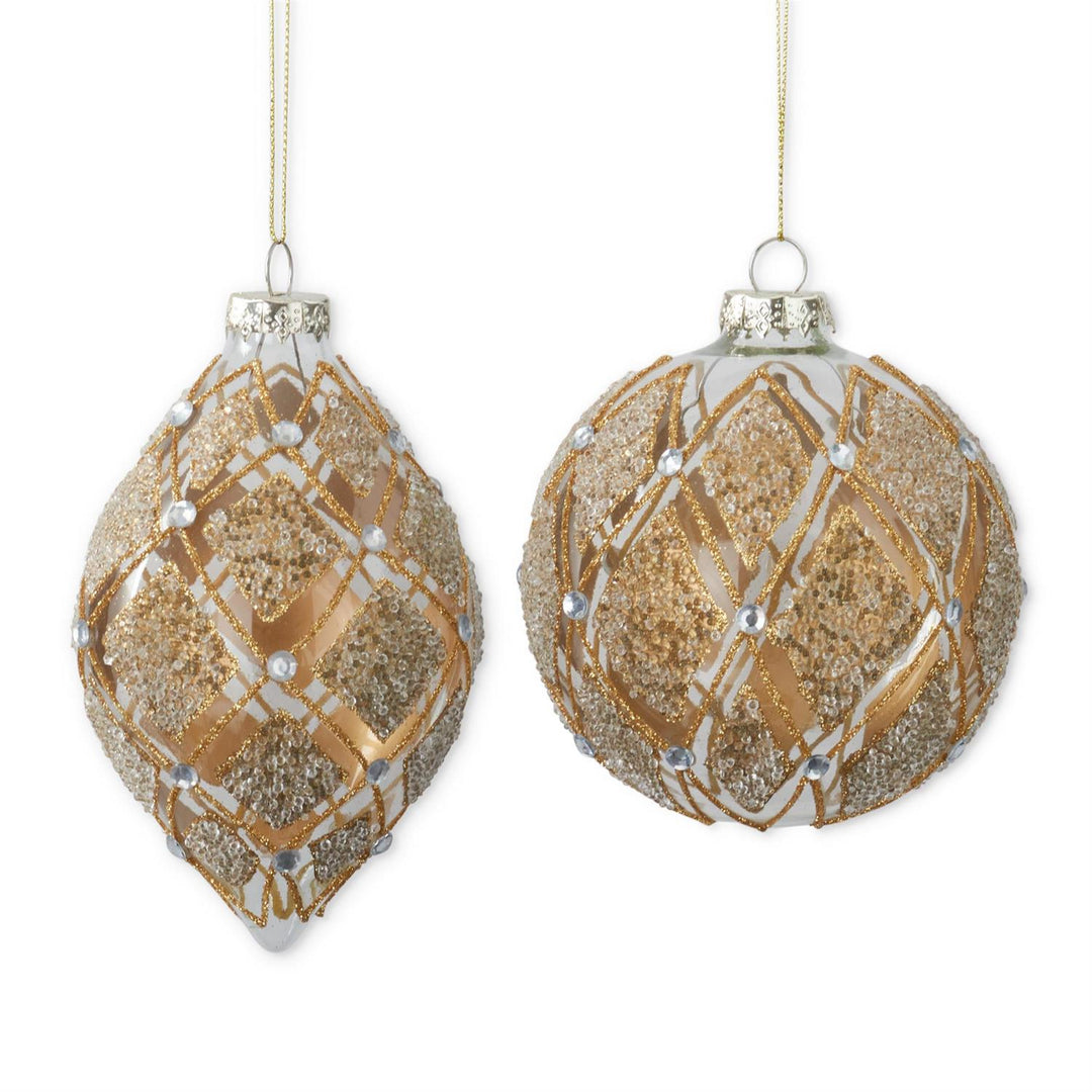 K & K Interiors Glass w/Gold Beads & Glitter Ornament - Round