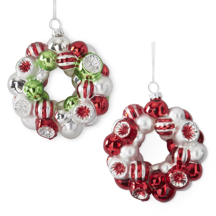 K & K Interiors Red Silver & Green Glass Wreath Ornament - Style 2 (Green)