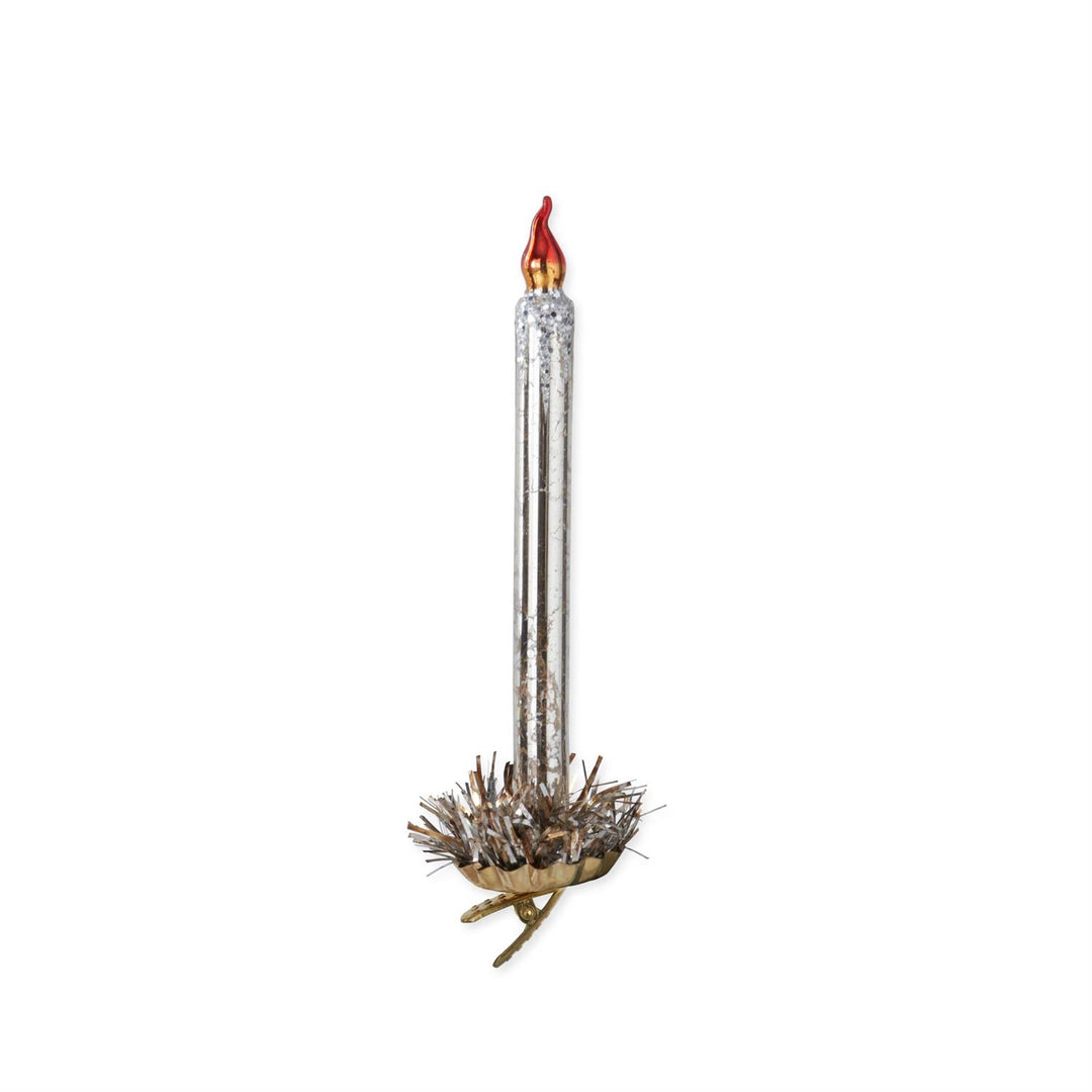 K & K Interiors Silver Glass Taper Candle Ornament w/Branch Clip - 7.25"
