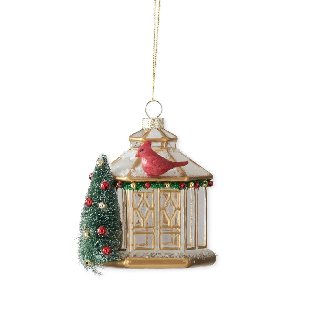 K & K Interiors Glass Gazebo w/Bottle Brush Tree & Bird Ornament - 4"