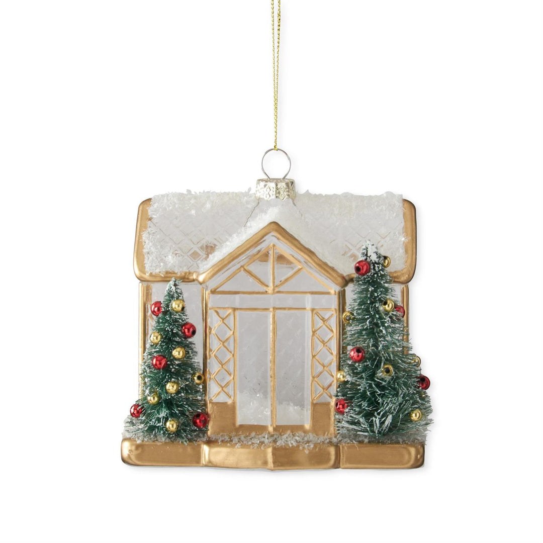 K & K Interiors Glass Greenhouse w/Bottle Brush Tree Ornament - 4.25"