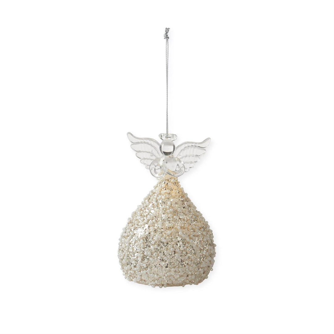 K & K Interiors Gold Glittered & White Seed Bead LED Angel Ornament w/Timer - 4.25"