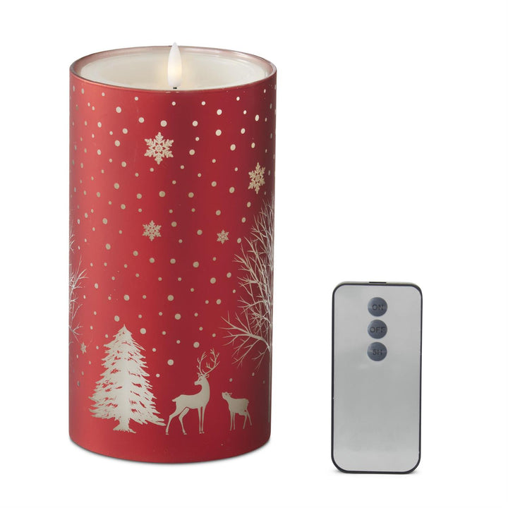 K & K Interiors Red Glass Winter Scene Candle Slip Cover w/LED Candle - 7.75"
