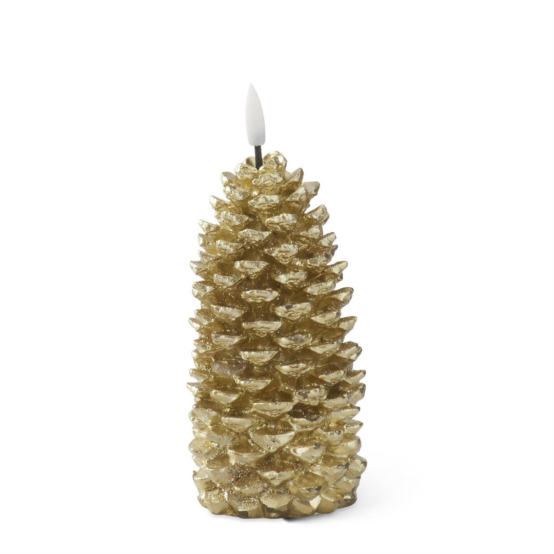 K & K Interiors Gold Wax LED Pinecone Flicker Flame Candle w/Timer - 8"