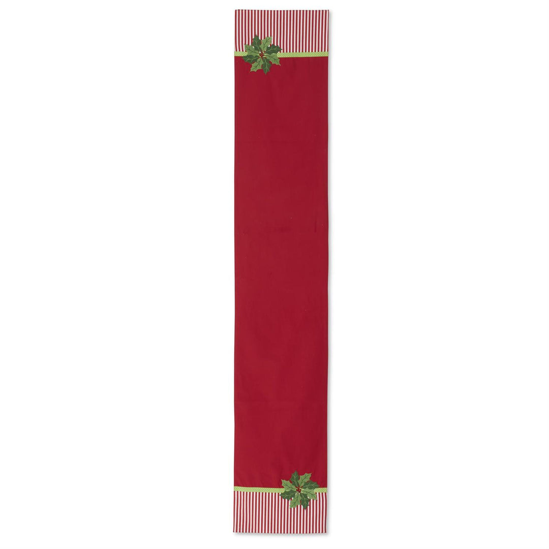 K & K Interiors Table Runner - Red & White Striped Holly Embroidered