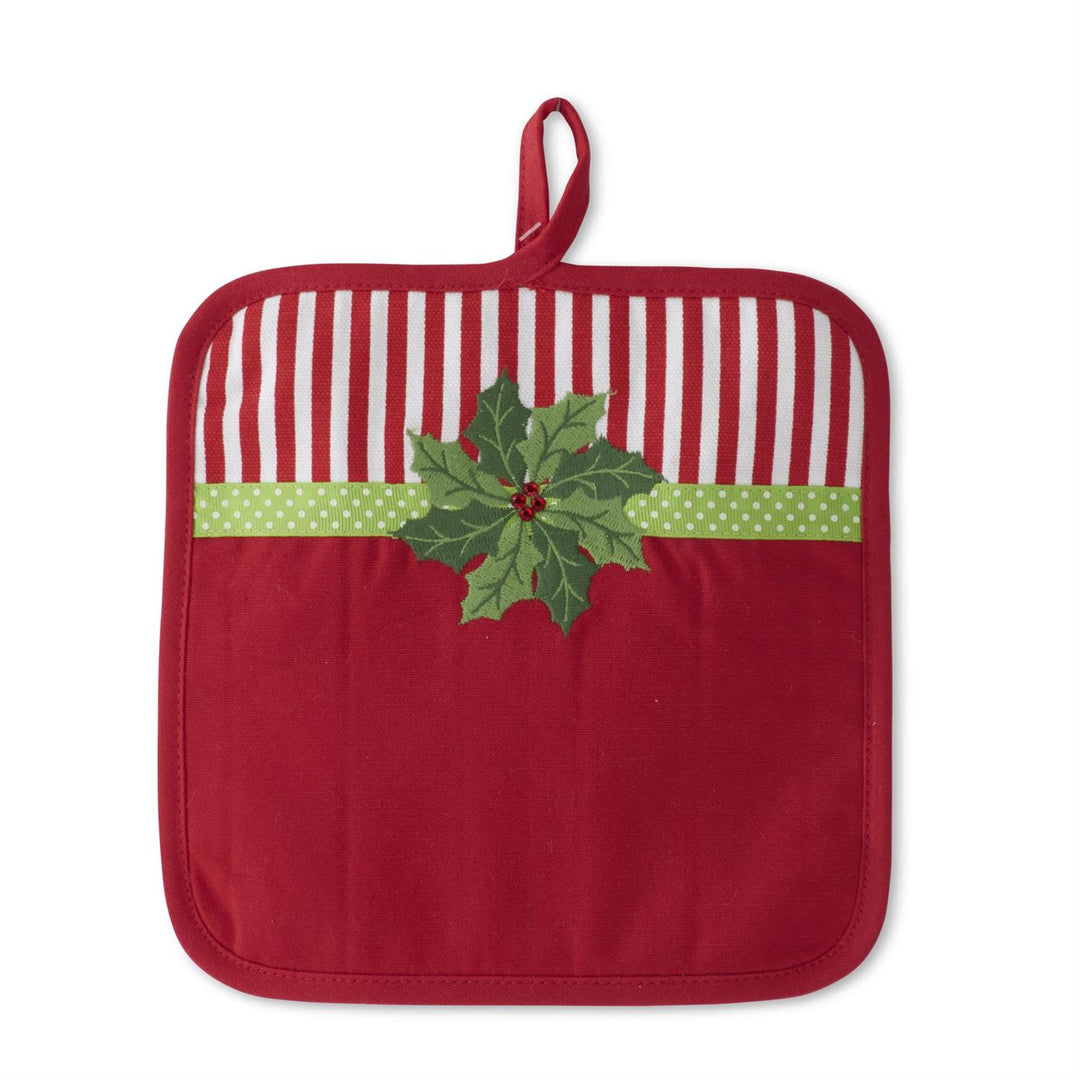 K & K Interiors Red & White Striped Holly Embroidered Pot Holder
