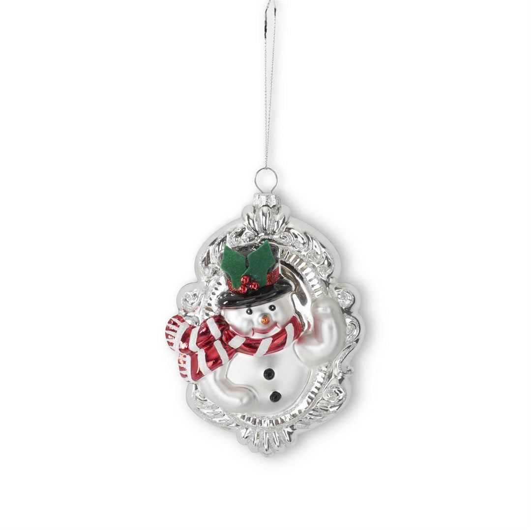 K & K Interiors Silver Blown Glass Ornate Oval Disk Snowman Ornament - 5.25"