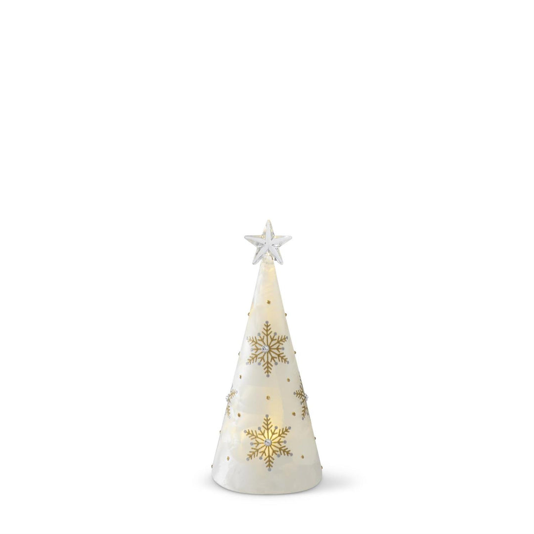 K & K Interiors Gold Glittered Snowflakes Frosted Glass LED Tree w/Timer - 7.75"