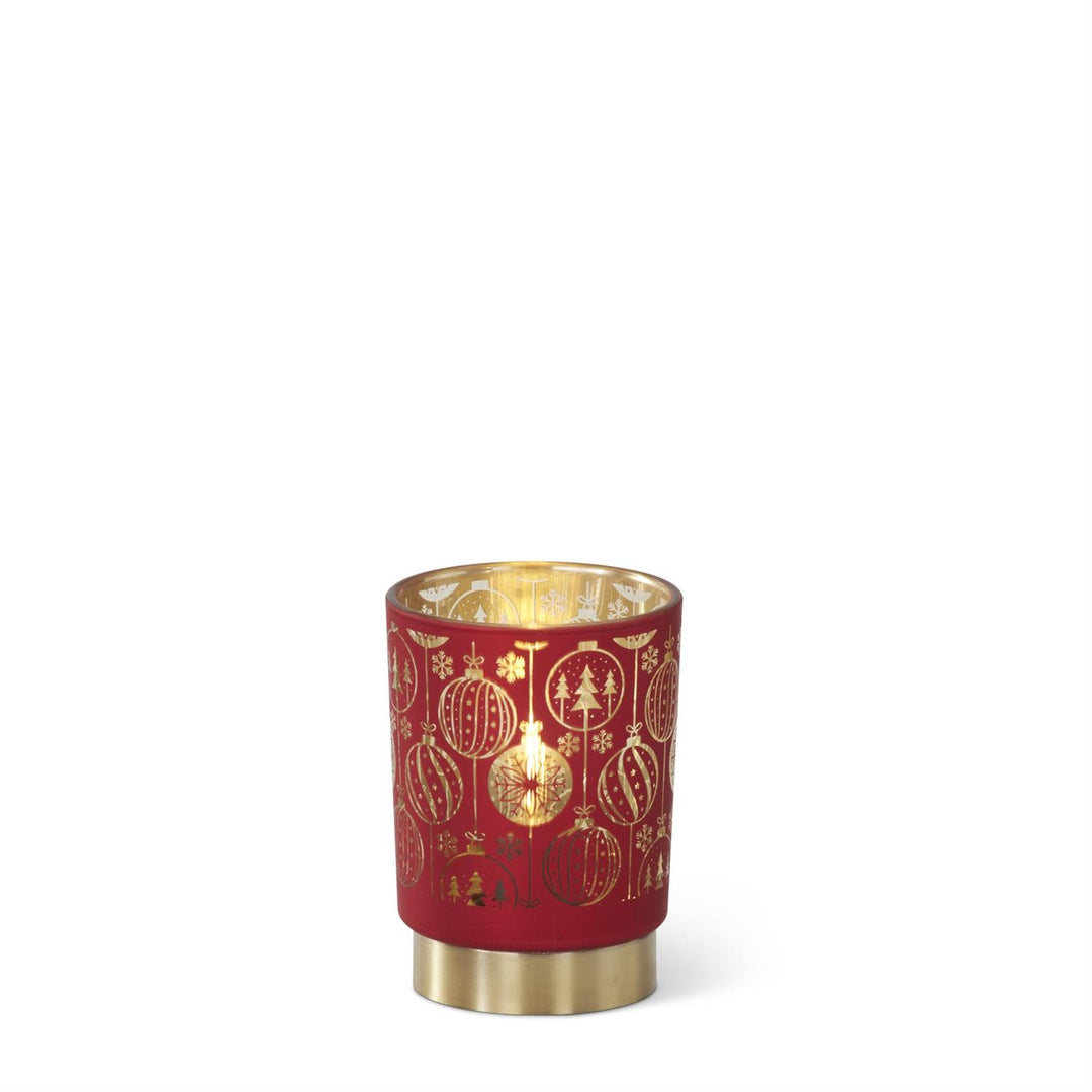 K & K Interiors Red & Gold Interior Ornament Glass Cylinder w/LED & Timer - 4.75"